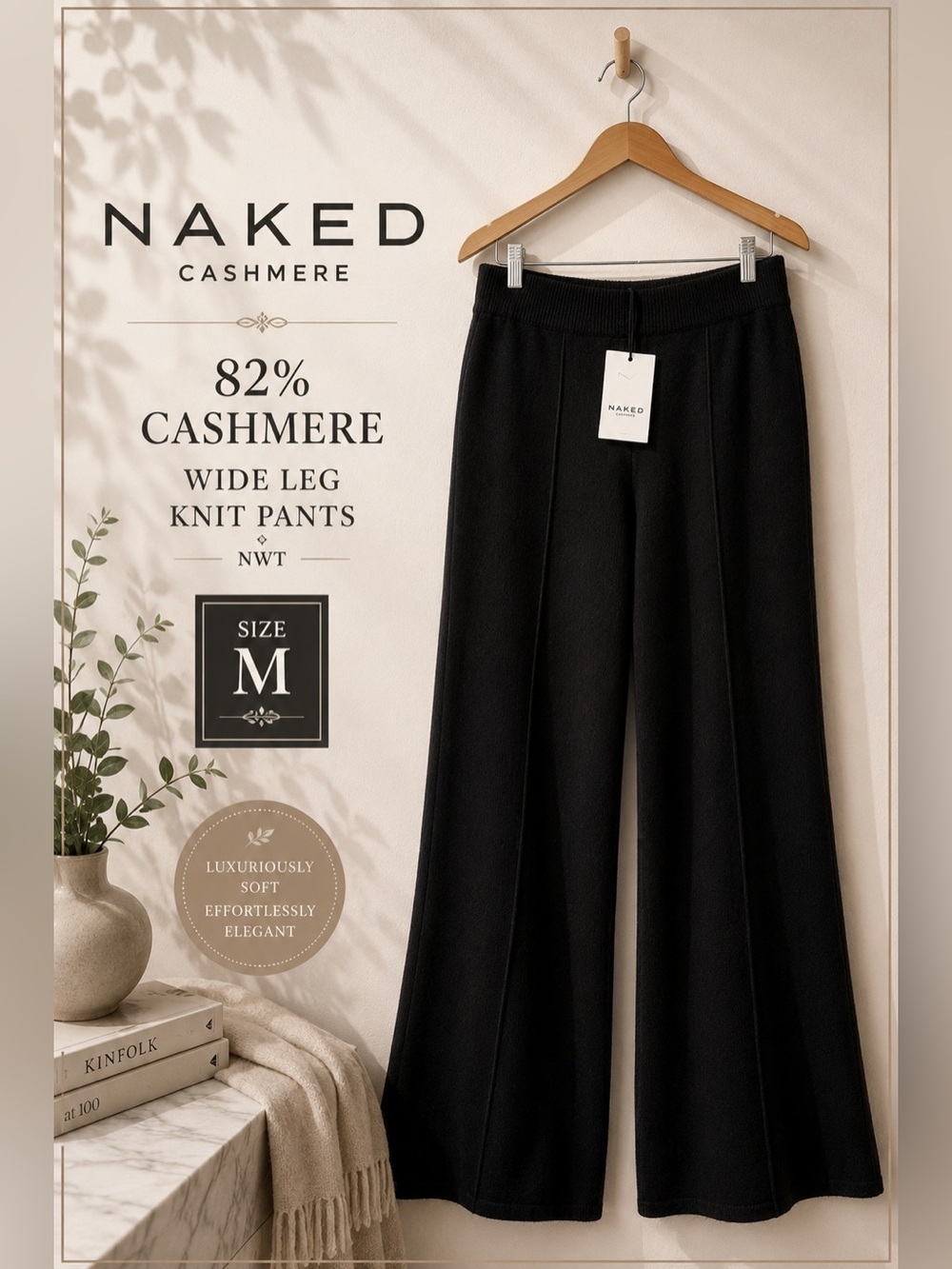 Naked Cashmere Black Wide Leg Knit Cashmere Blend Lounge Pants Size M NWT